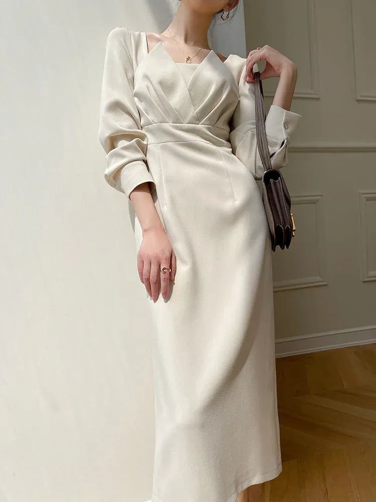 Sleek Satin Midi Evening Dress Ivory Square-Neck Long-Sleeve for Women