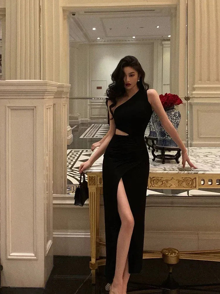 Sleek Sheath Asymmetrical-Neck Sleeveless Cutout Black Long Prom Dress for Women Ready to Ship