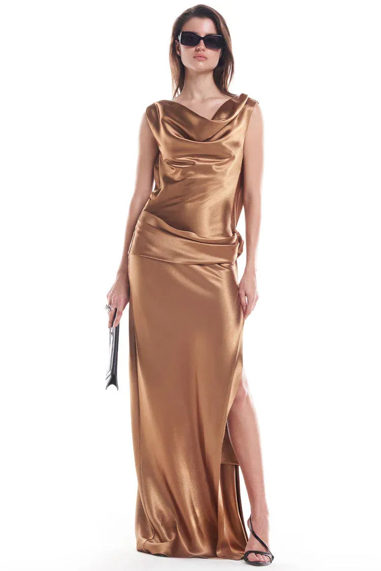 Sleek Sheath Cowl-Neck Sleeveless Tie-Back Satin Ivory Maxi Evening Dress for Women