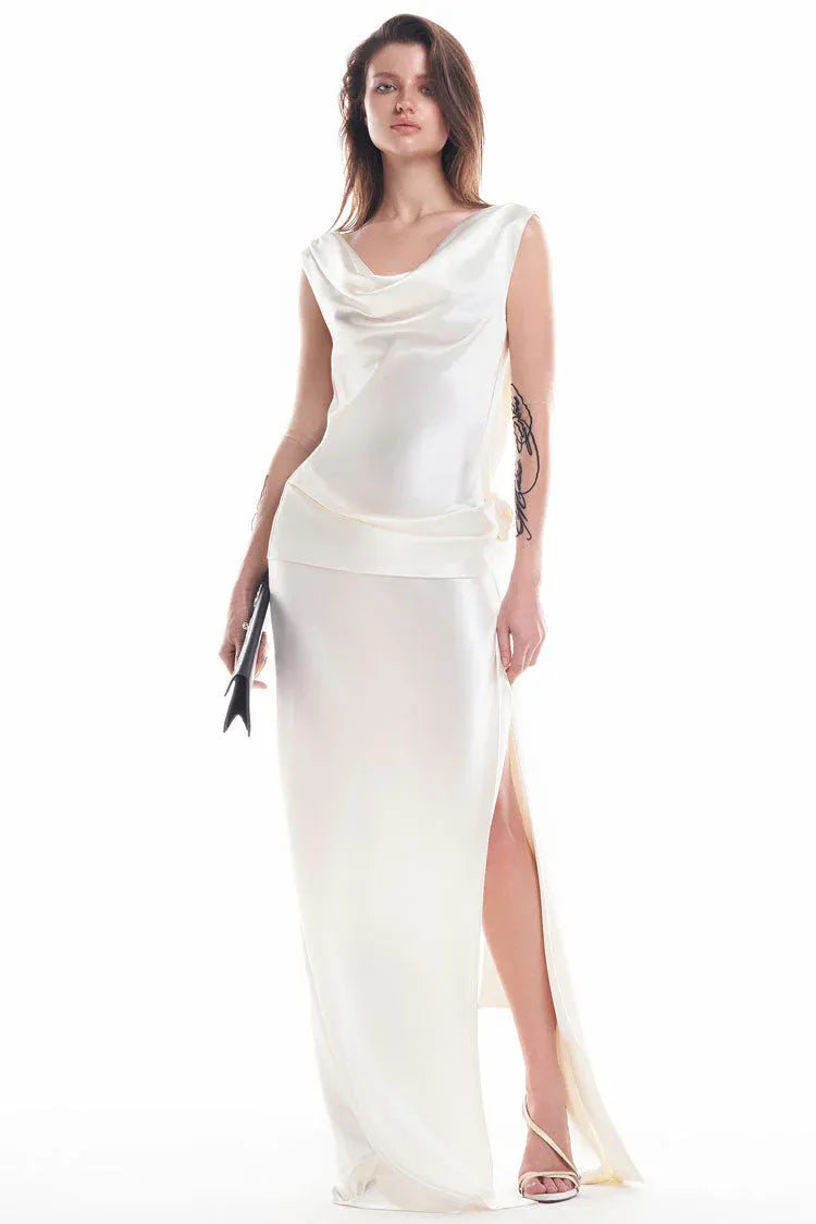 Sleek Sheath Cowl-Neck Sleeveless Tie-Back Satin Ivory Maxi Evening Dress for Women