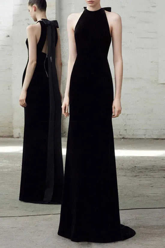 Sleek Sheath Halter-Neck Bow Velvet Black Floor-Length Evening Dress for Women