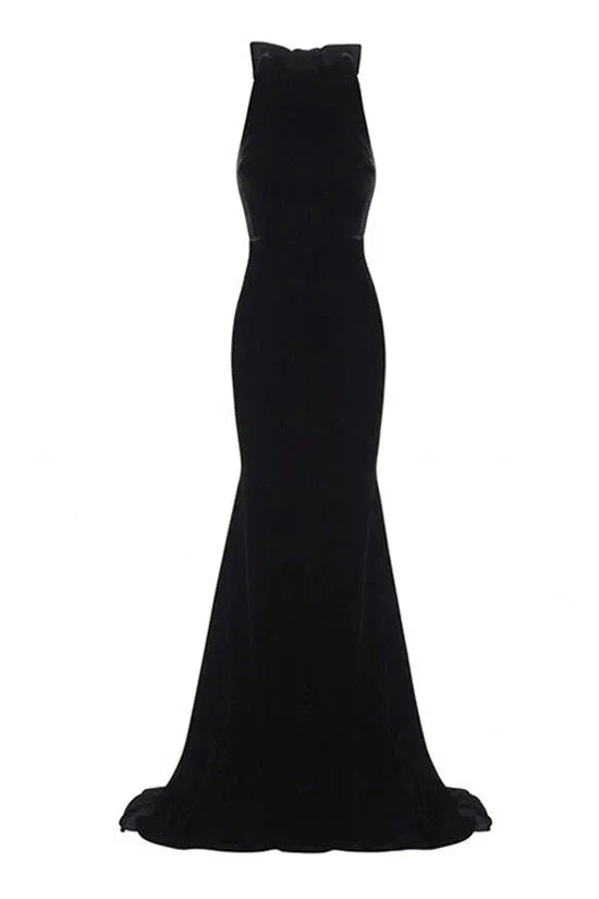 Sleek Sheath Halter-Neck Bow Velvet Black Floor-Length Evening Dress for Women