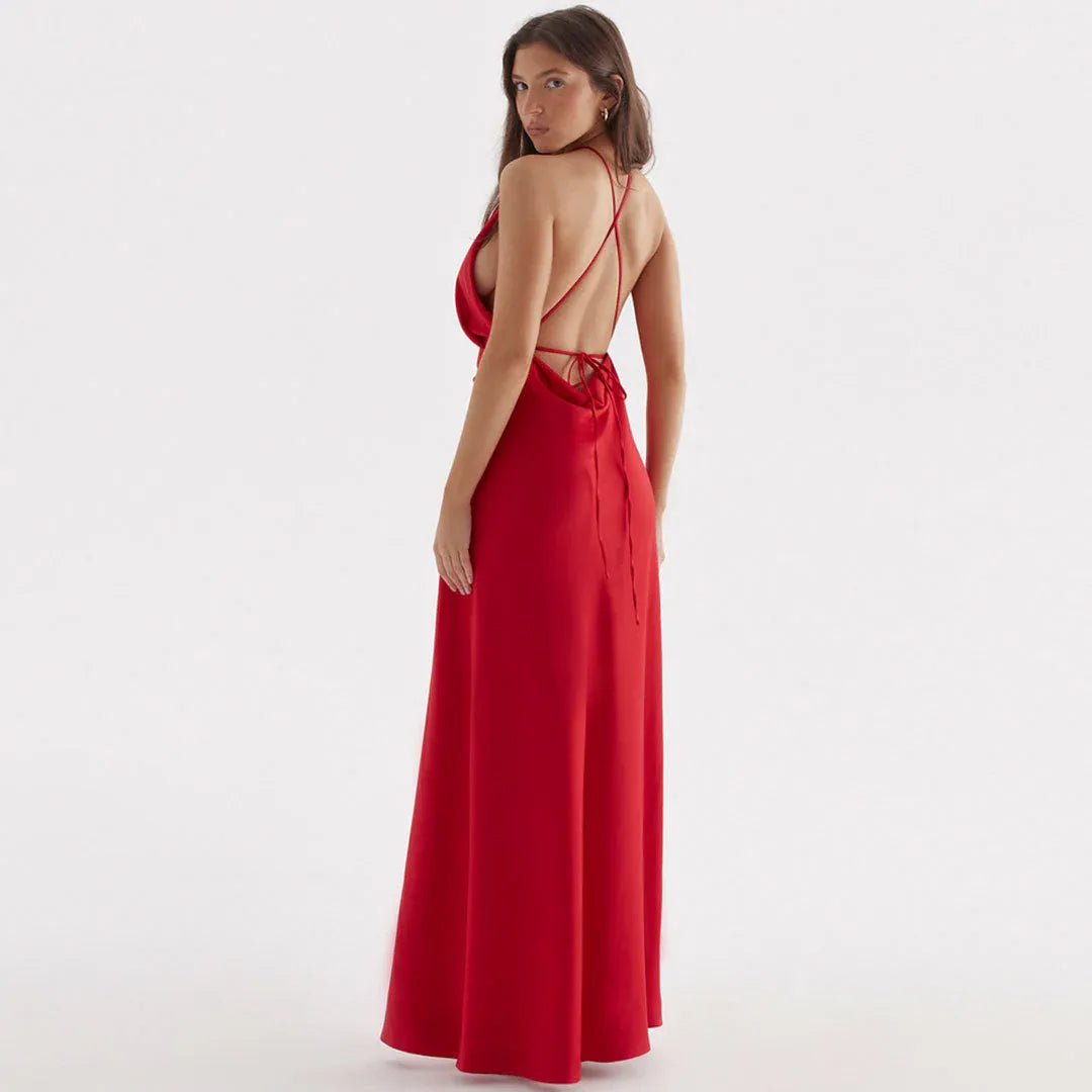 Sleek Sheath Halter-Neck Sleeveless High-Slit Red Floor-Length Prom Dress for Women