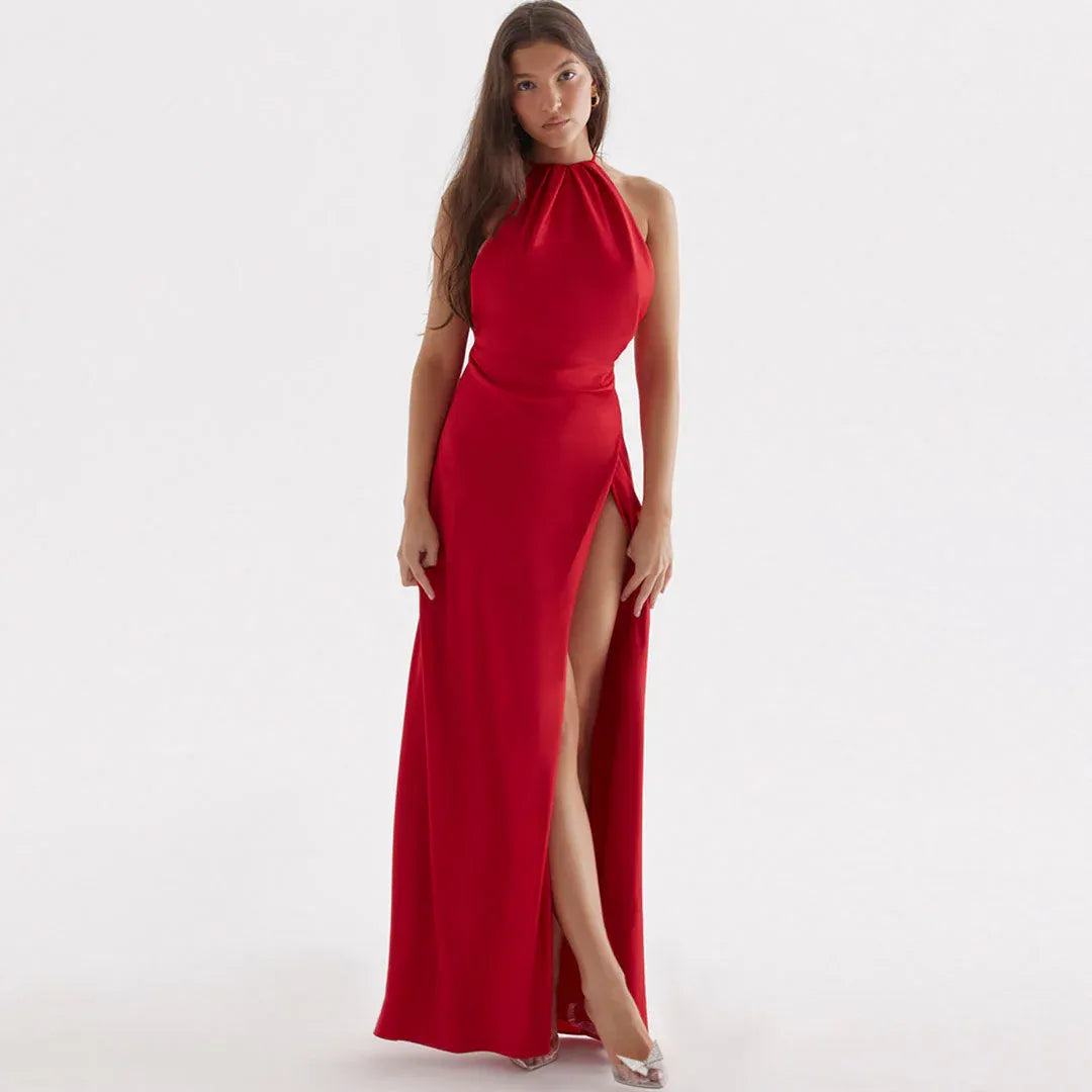 Sleek Sheath Halter-Neck Sleeveless High-Slit Red Floor-Length Prom Dress for Women