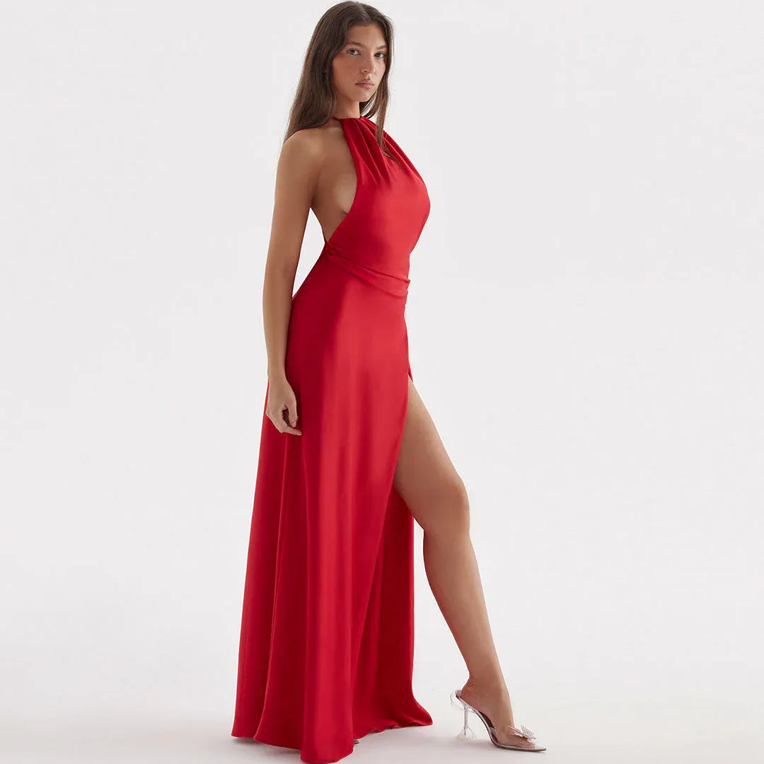 Sleek Sheath Halter-Neck Sleeveless High-Slit Red Floor-Length Prom Dress for Women