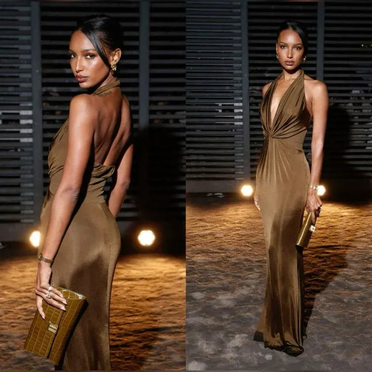 Sleek Sheath Halter-Neck Sleeveless Ruched Satin Bronze Floor-Length Evening Dress for Women