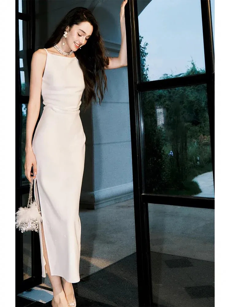 Sleek Sheath Halter Sleeveless Minimalist Ivory Midi Prom Dress for Women Ready to Ship