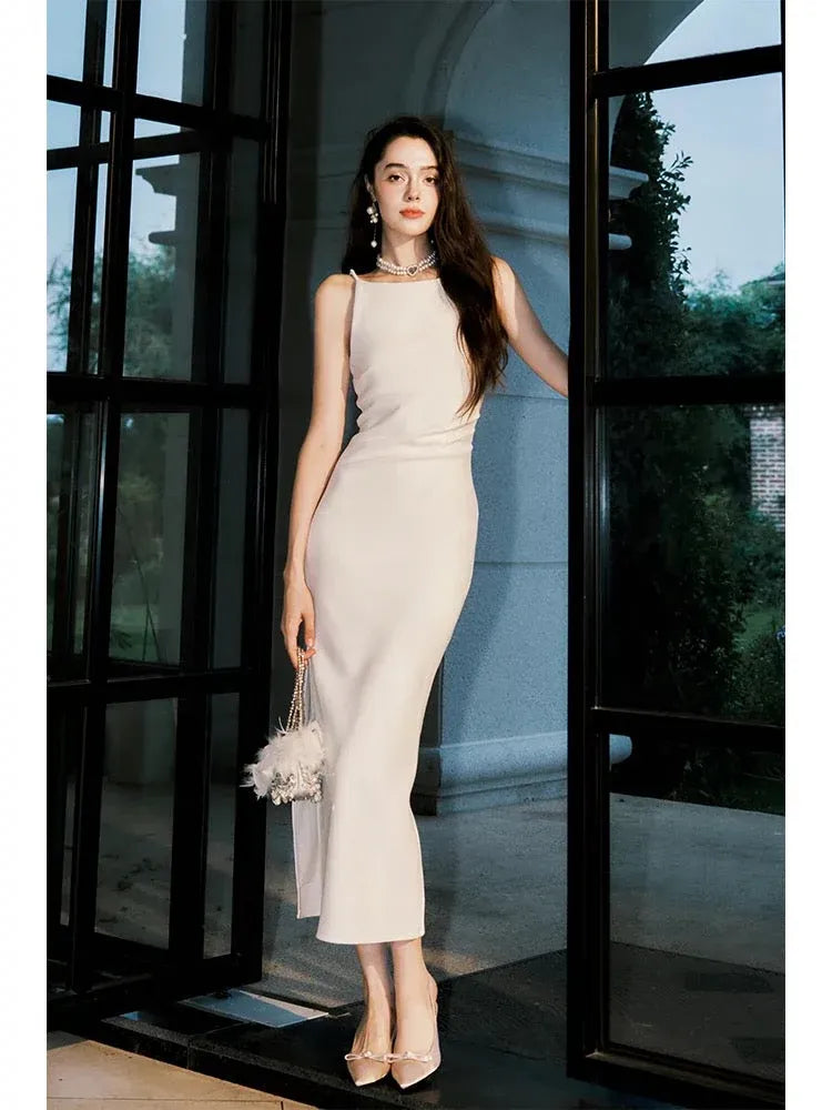Sleek Sheath Halter Sleeveless Minimalist Ivory Midi Prom Dress for Women Ready to Ship