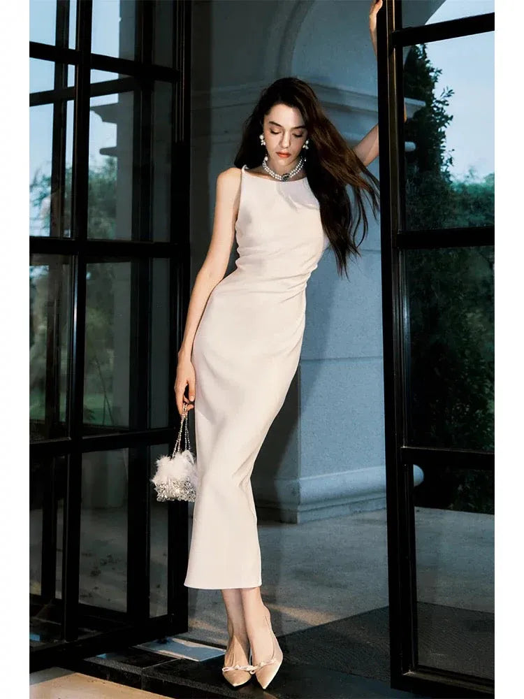 Sleek Sheath Halter Sleeveless Minimalist Ivory Midi Prom Dress for Women Ready to Ship