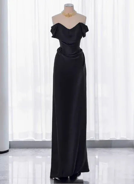 Sleek Sheath Off-Shoulder Sleeveless Ruched Black Long Prom Dress for Women Ready to Ship