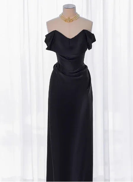 Sleek Sheath Off-Shoulder Sleeveless Ruched Black Long Prom Dress for Women Ready to Ship