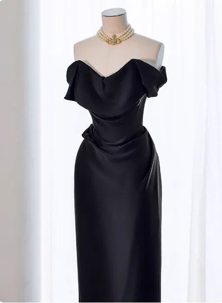 Sleek Sheath Off-Shoulder Sleeveless Ruched Black Long Prom Dress for Women Ready to Ship