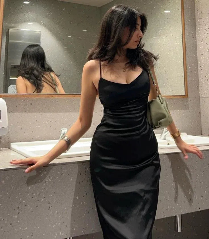 Sleek Sheath Spaghetti-Strap Cutout Satin Black Maxi Evening Dress for Women