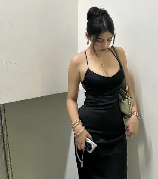 Sleek Sheath Spaghetti-Strap Cutout Satin Black Maxi Evening Dress for Women