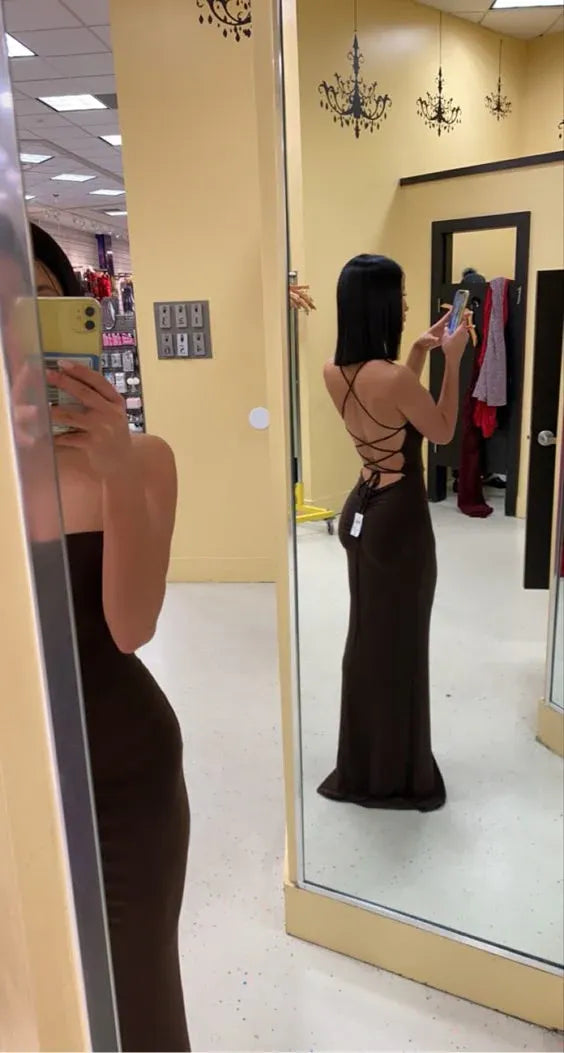 Sleek Sheath Strapless Ruched Lace-Up Back Chocolate Floor-Length Evening Dress for Women