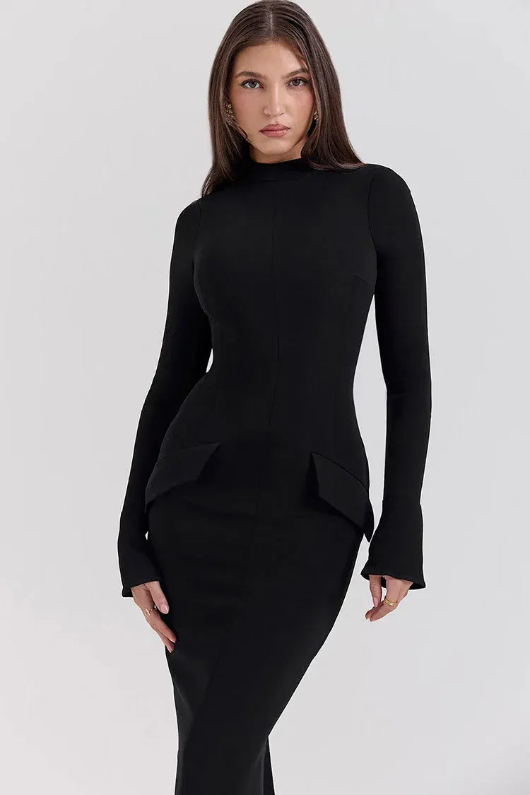 Sleek Sheath Turtleneck Long-Sleeve Split Black Midi Prom Dress for Women No Pocket