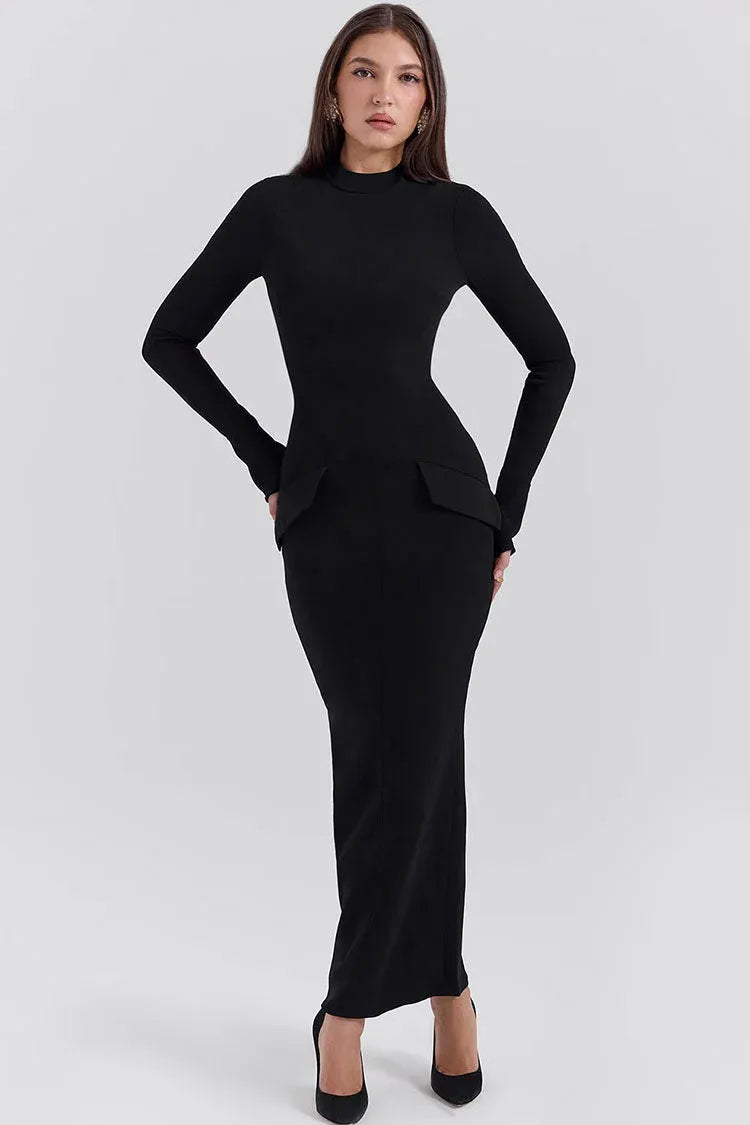 Sleek Sheath Turtleneck Long-Sleeve Split Black Midi Prom Dress for Women No Pocket