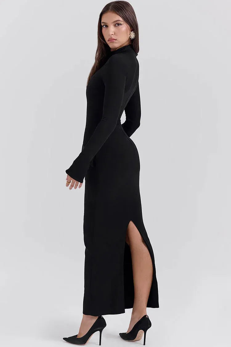 Sleek Sheath Turtleneck Long-Sleeve Split Black Midi Prom Dress for Women No Pocket
