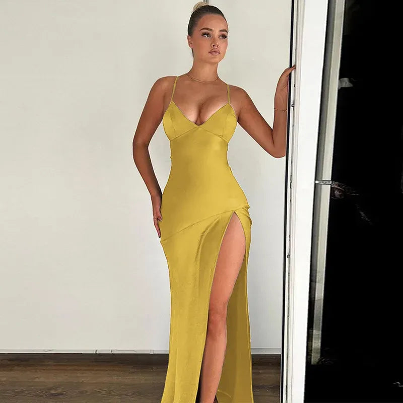 Sleek Sheath V-Neck Sleeveless Lace-Up Yellow Long Prom Dress for Women Ready to Ship