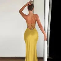 Sleek Sheath V-Neck Sleeveless Lace-Up Yellow Long Prom Dress for Women Ready to Ship