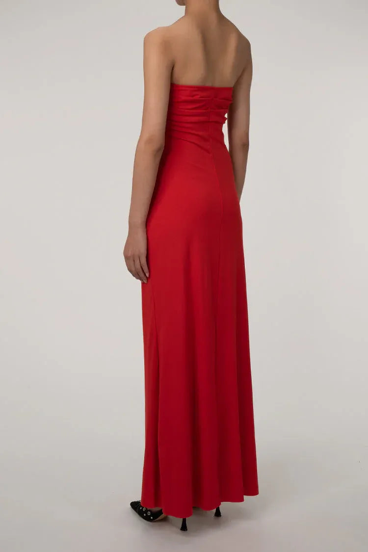 Sleek Stretch Maxi Evening Dress in Red – Strapless Ruched Sleeveless for Women