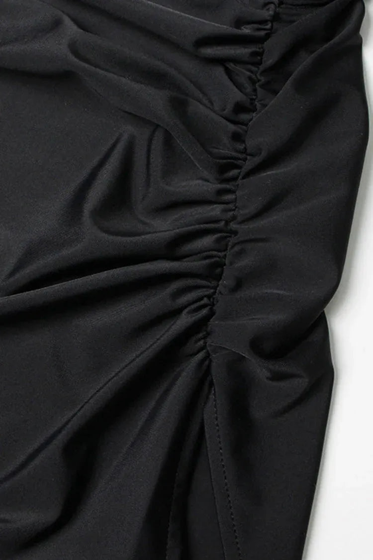 Sleek Two-Piece Sheath One-Shoulder Long-Sleeve Cutout Satin Black Maxi Evening Dress for Women
