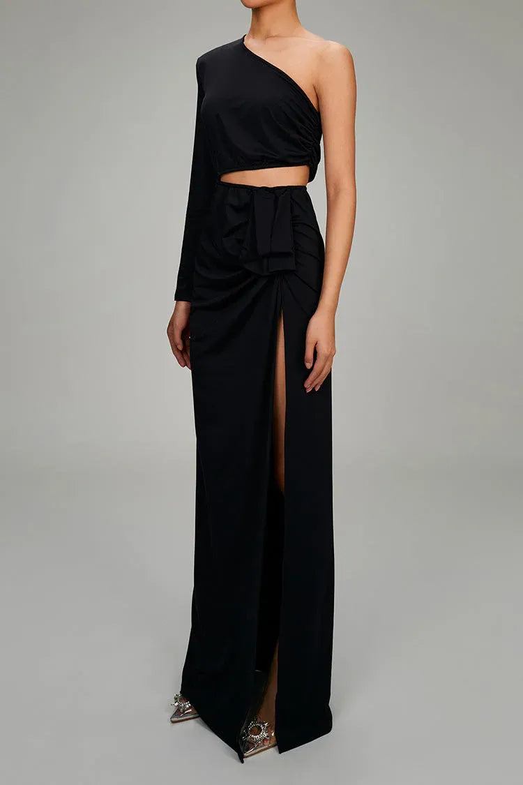 Sleek Two-Piece Sheath One-Shoulder Long-Sleeve Cutout Satin Black Maxi Evening Dress for Women