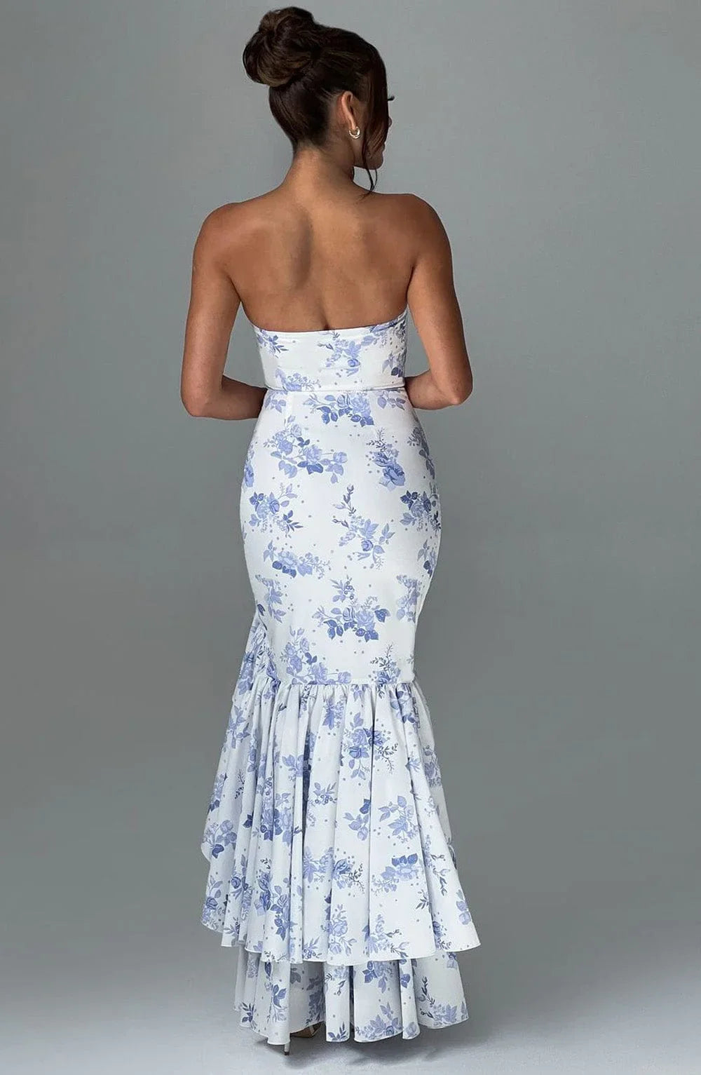 Sleeveless Chic Long Mermaid Prom Dresses with Slit Blue Floral Print Strapless Formal Evening Gown Ruffle Wedding Party Dresses