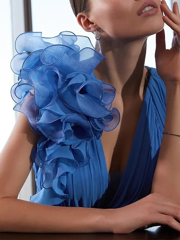 Formal Women's Dresses A-Line Court Train Sleeveless V Neck Chiffon Prom Dress with Ruffles Shoulder Flower Prom Dresses Stores