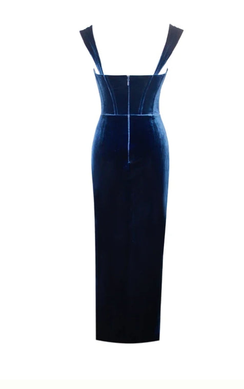 Sleeveless Ankle Length Mermaid Square Neck Lace Velvet Prom Dress With Slit