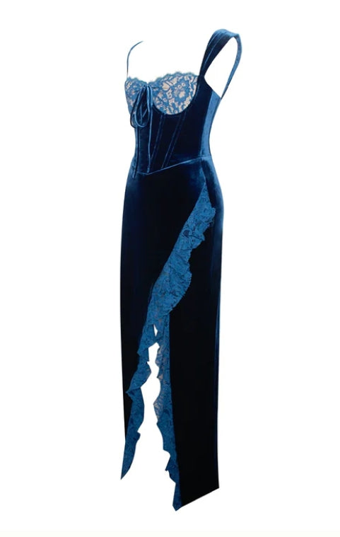Sleeveless Ankle Length Mermaid Square Neck Lace Velvet Prom Dress With Slit