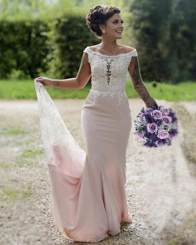 Sleeveless Low Neck Mermaid Bridesmaid Prom Dresses Lace Train ?