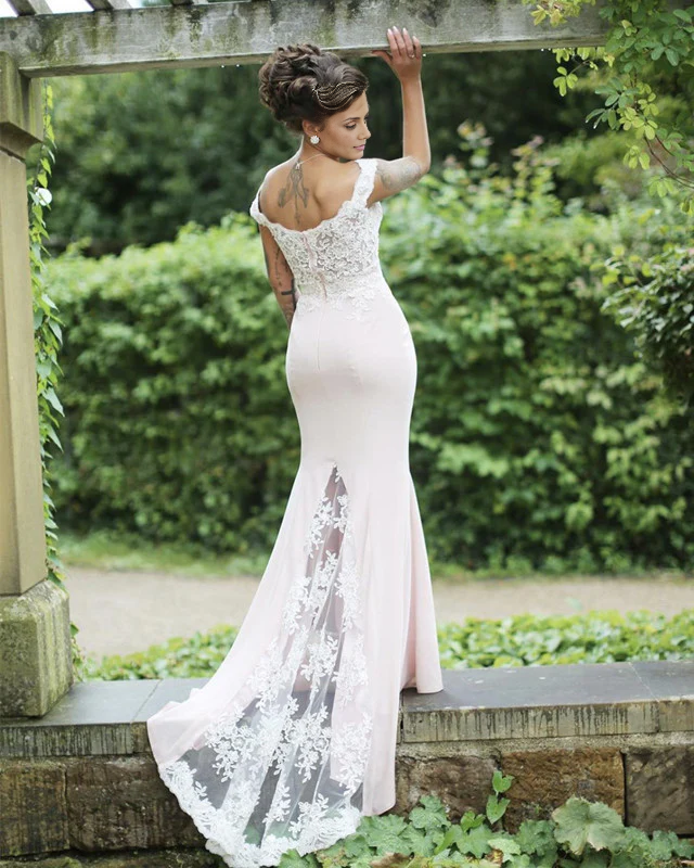 Sleeveless Low Neck Mermaid Bridesmaid Prom Dresses Lace Train ?