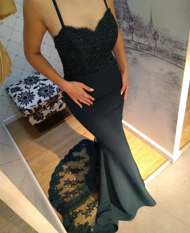 Sleeveless Spaghetti Straps Sweetheart Mermaid Prom Dresses Lace Train ?