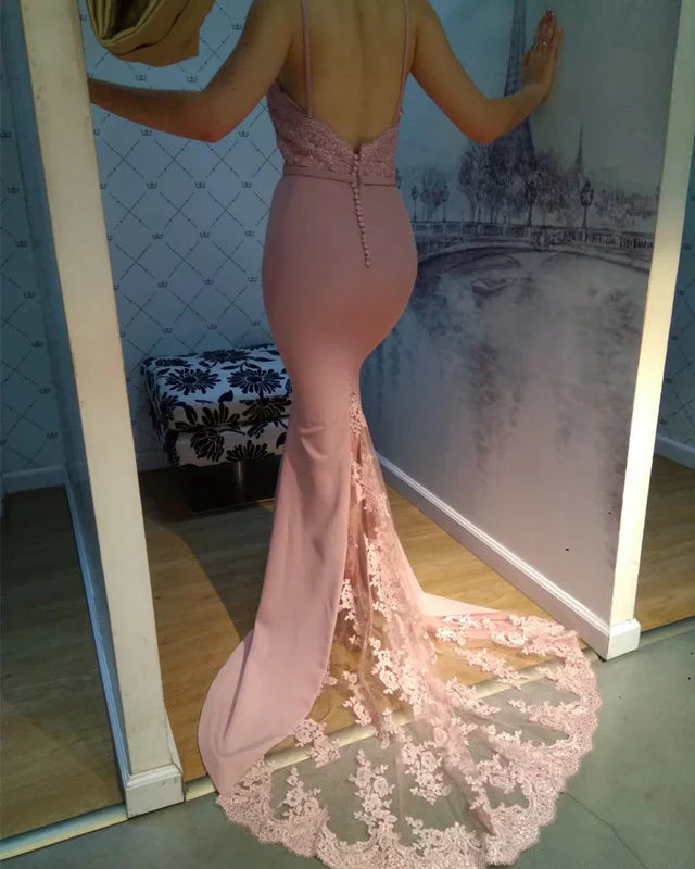 Sleeveless Spaghetti Straps Sweetheart Mermaid Prom Dresses Lace Train ?
