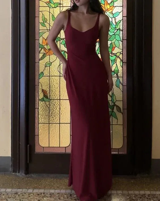 Soft Chiffon Long Evening Dress Burgundy Spaghetti-Strap V-Neck for Women