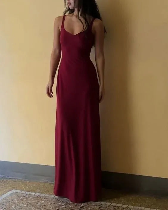 Soft Chiffon Long Evening Dress Burgundy Spaghetti-Strap V-Neck for Women