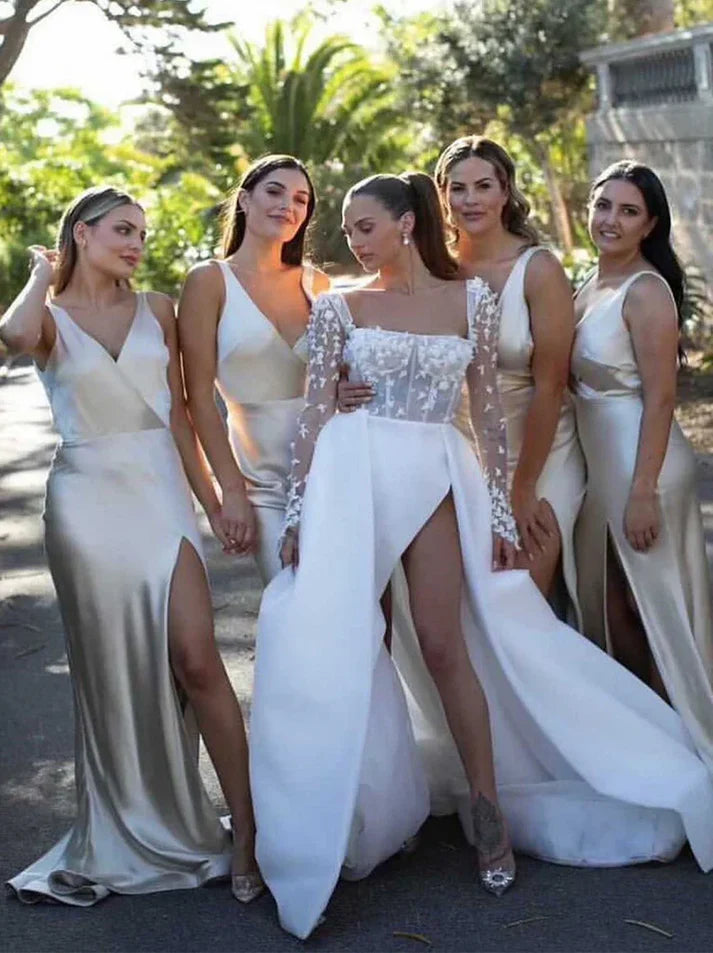 Soft Mermaid V-Neck Satin White Long Bridesmaid Dresses With Slit