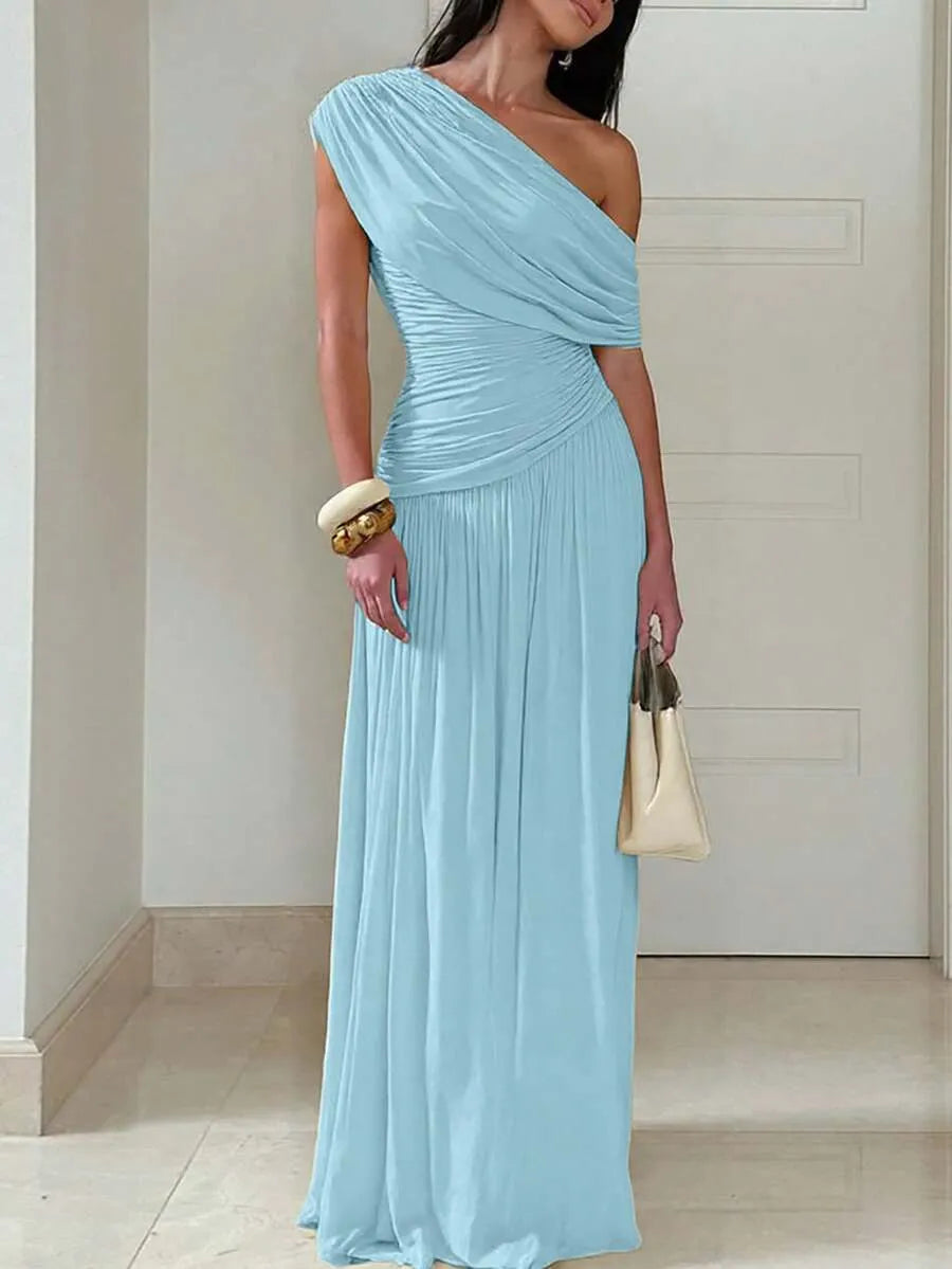 Solid Color Romantic A-Line One-Shoulder Ruched Sky Blue Floor-Length Prom Dress