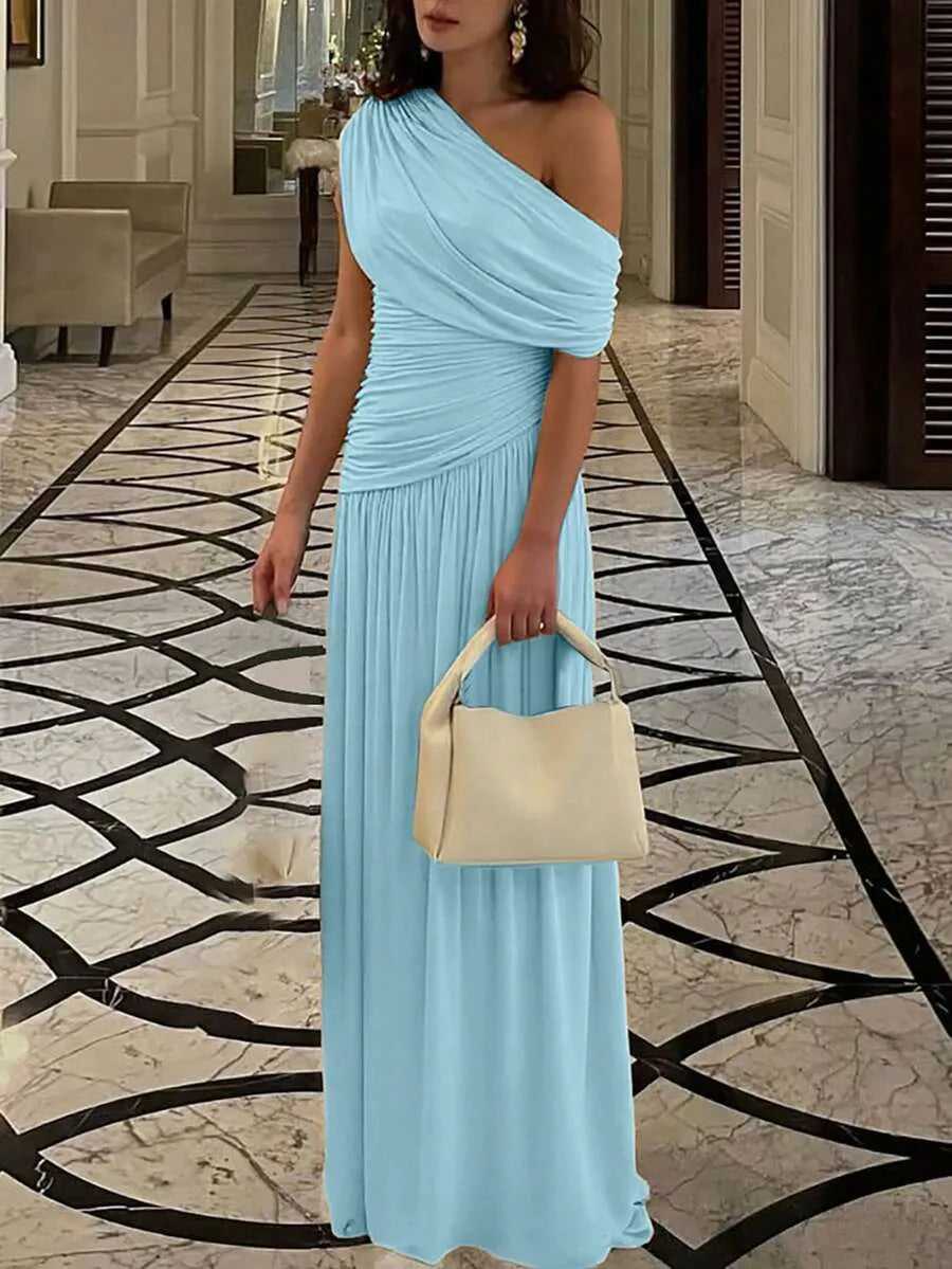 Solid Color Romantic A-Line One-Shoulder Ruched Sky Blue Floor-Length Prom Dress