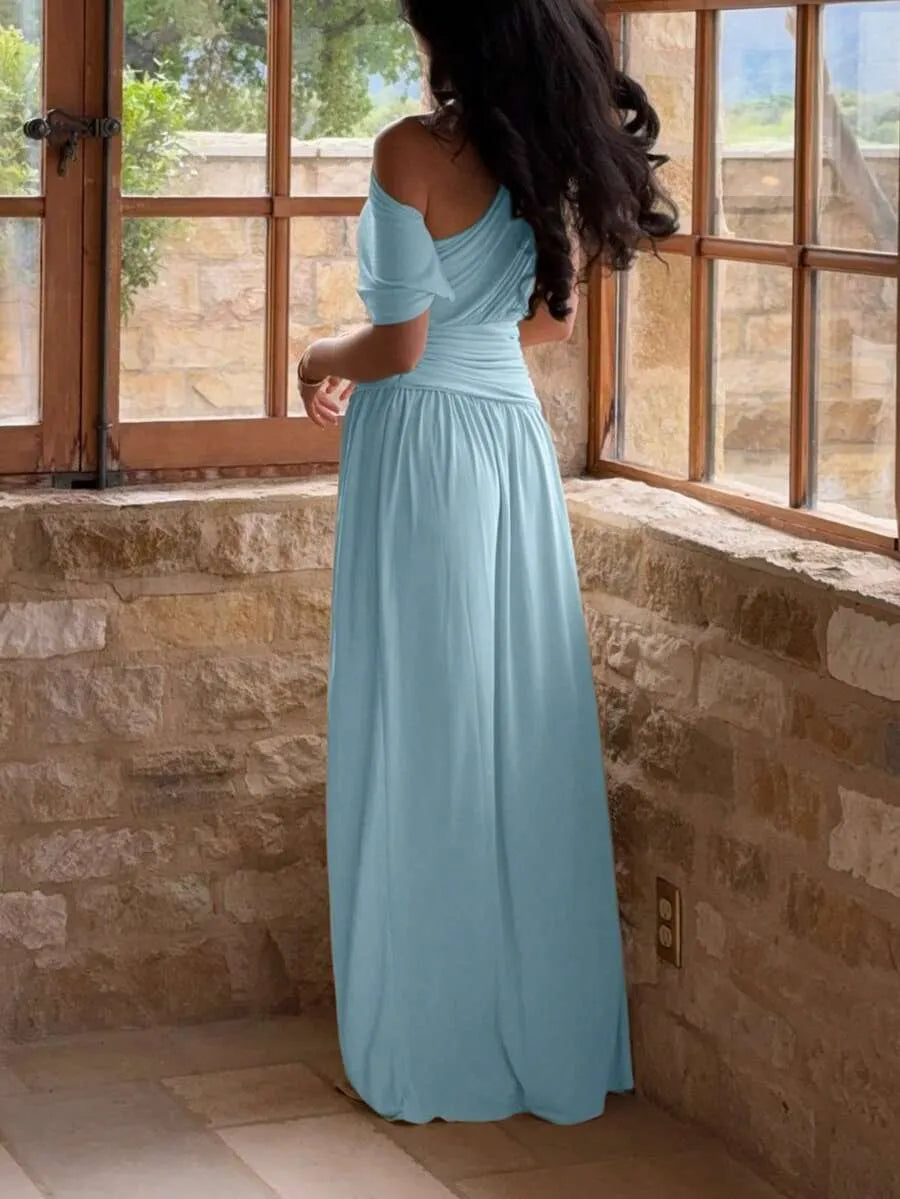 Solid Color Romantic A-Line One-Shoulder Ruched Sky Blue Floor-Length Prom Dress