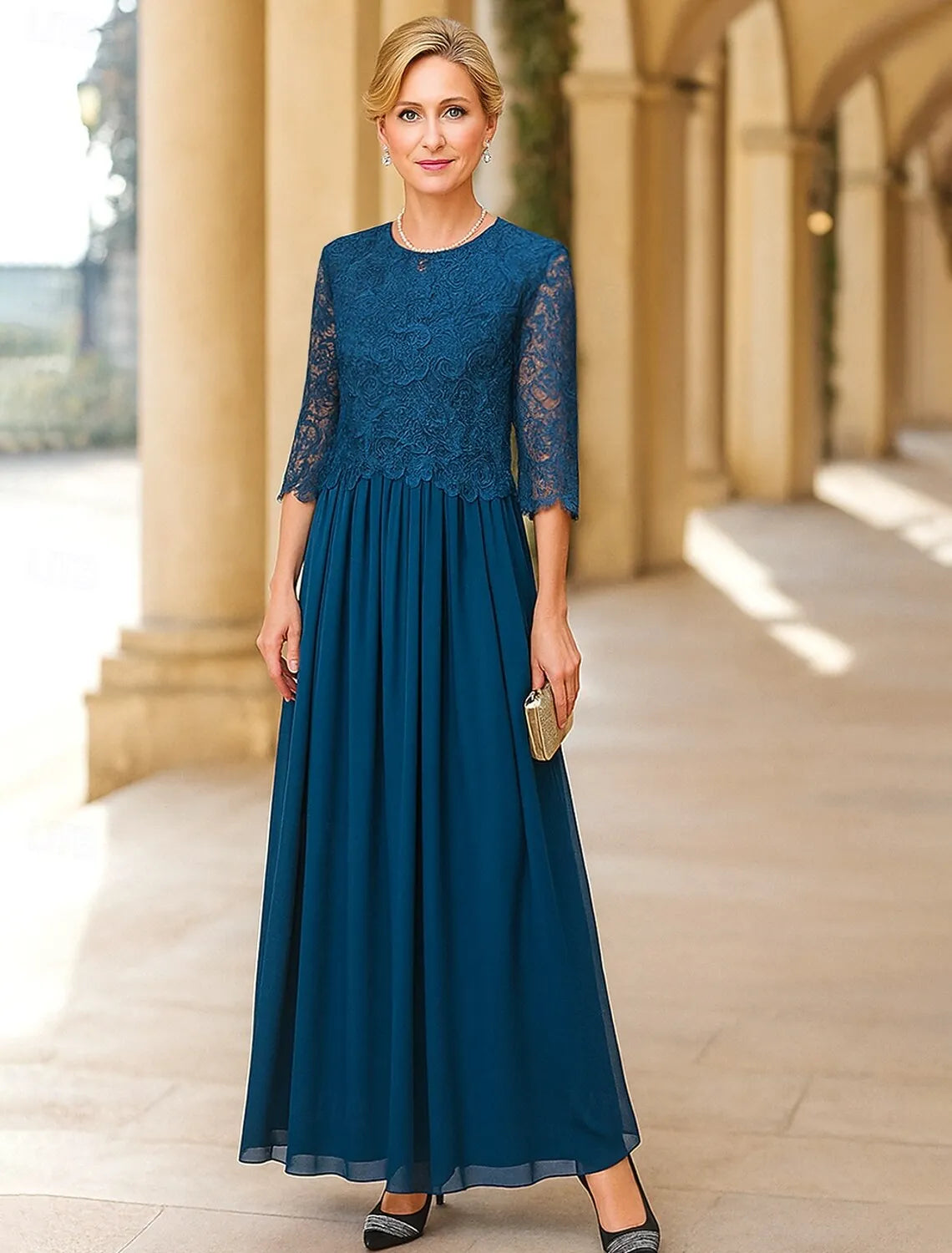 Sophisticated A-Line Crew Neck 3/4 Sleeve Lace Teal Blue Long Mother of the Bride Dresses For Women Ready To Ship