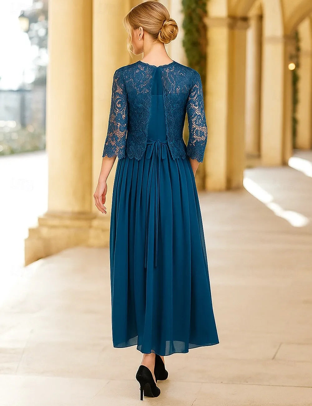 Sophisticated A-Line Crew Neck 3/4 Sleeve Lace Teal Blue Long Mother of the Bride Dresses For Women Ready To Ship