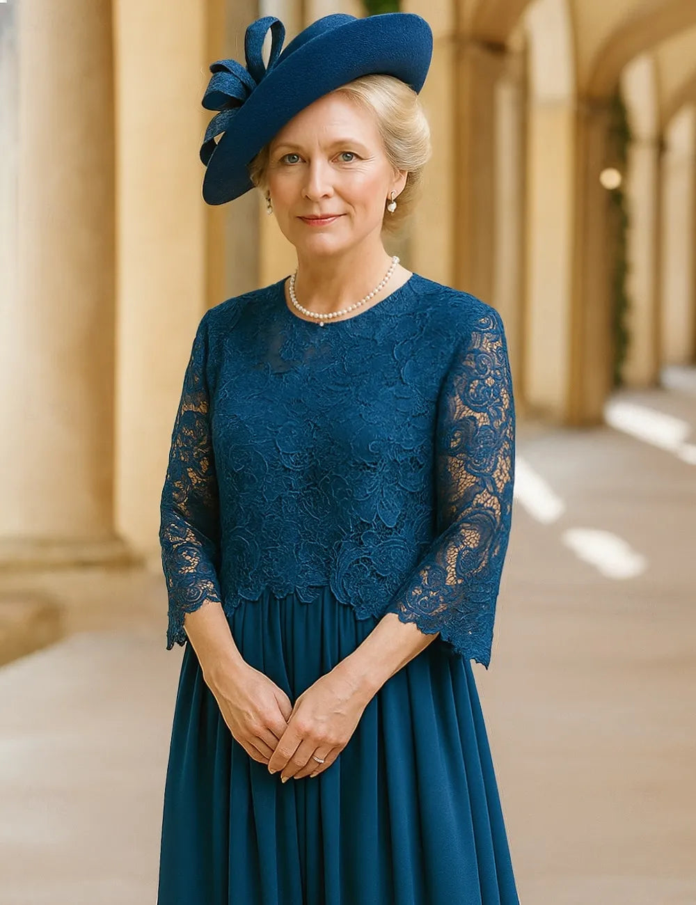 Sophisticated A-Line Crew Neck 3/4 Sleeve Lace Teal Blue Long Mother of the Bride Dresses For Women Ready To Ship