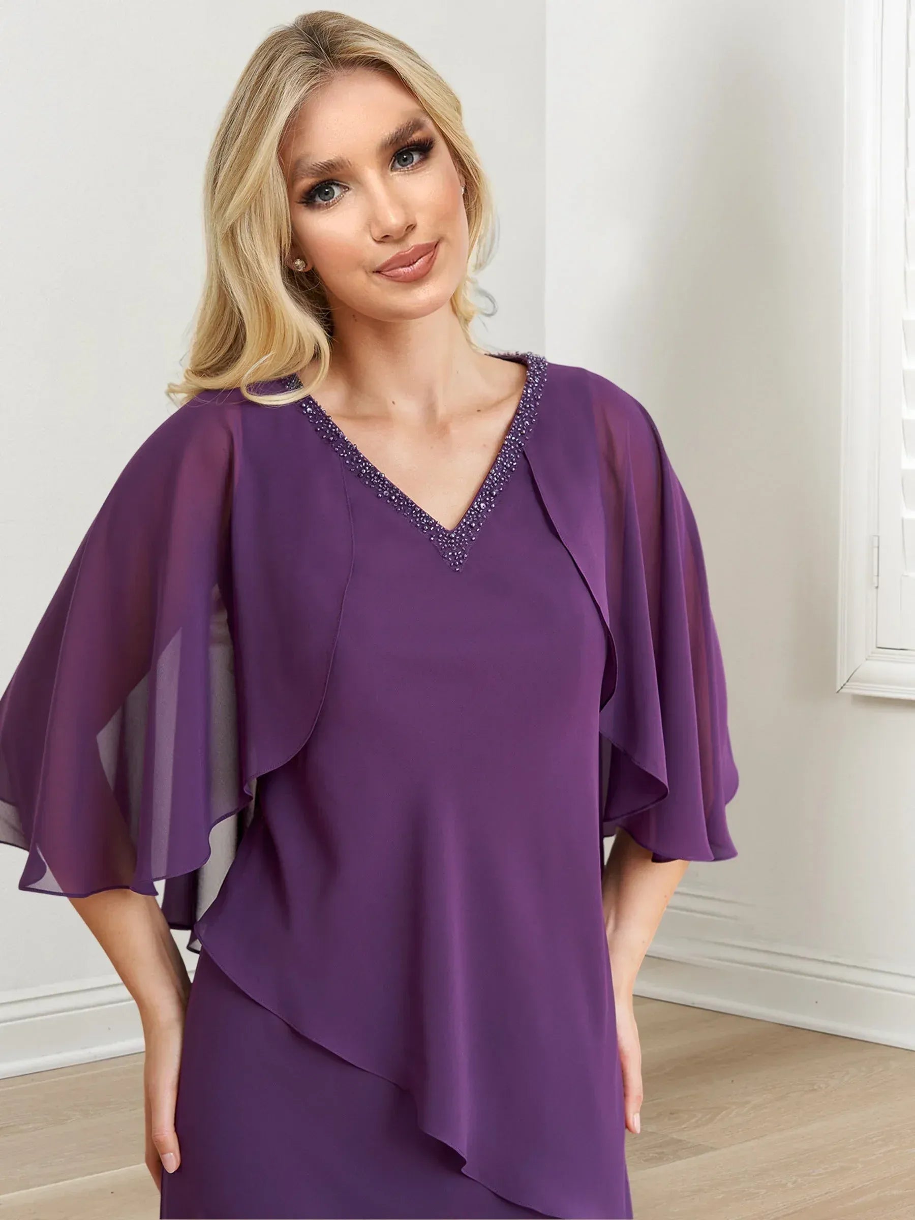 Sophisticated A-Line V-Neck Cape-Sleeved Beaded Plum Purple Maxi Mother of the Bride Dress for Women