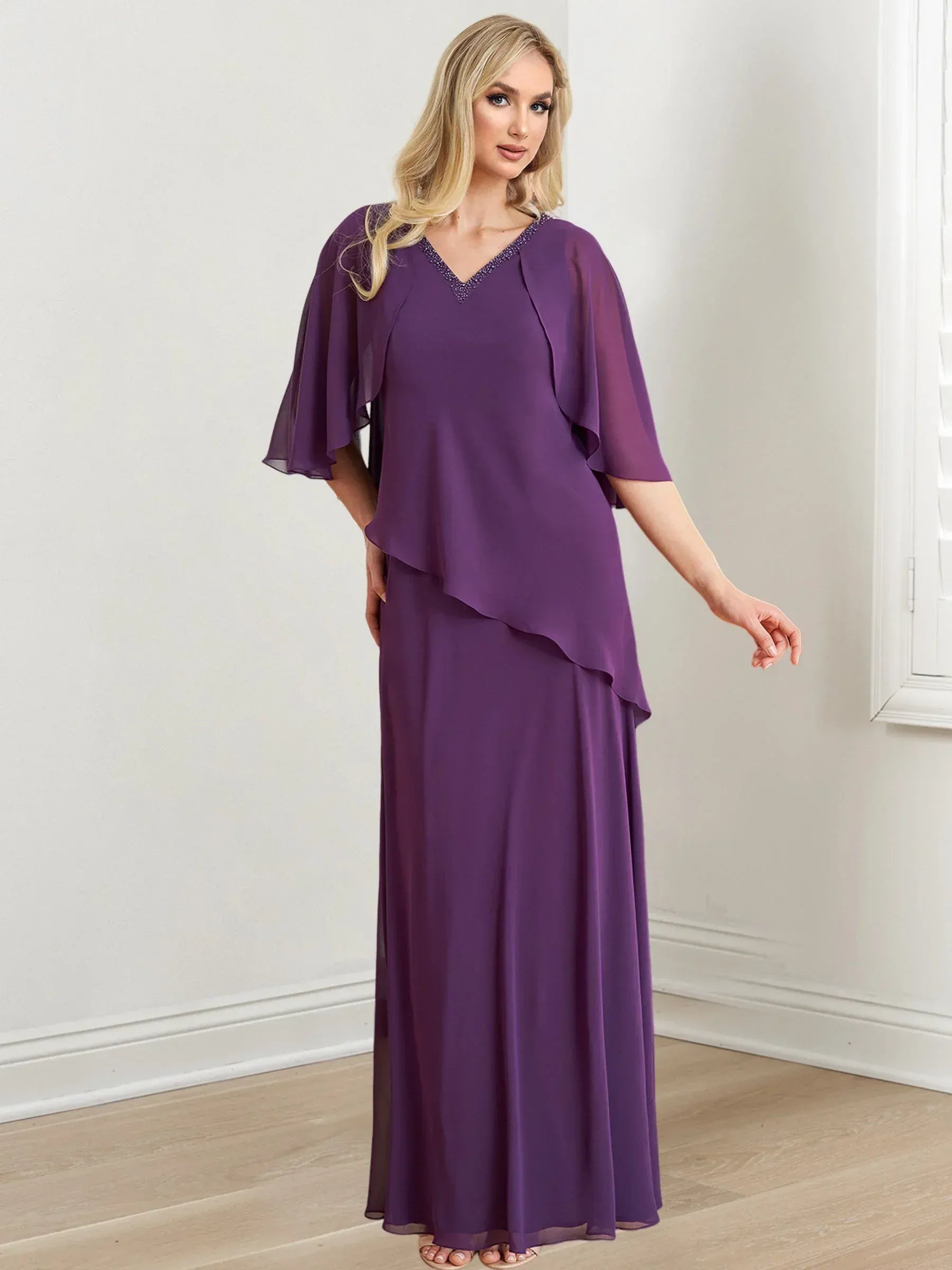 Sophisticated A-Line V-Neck Cape-Sleeved Beaded Plum Purple Maxi Mother of the Bride Dress for Women