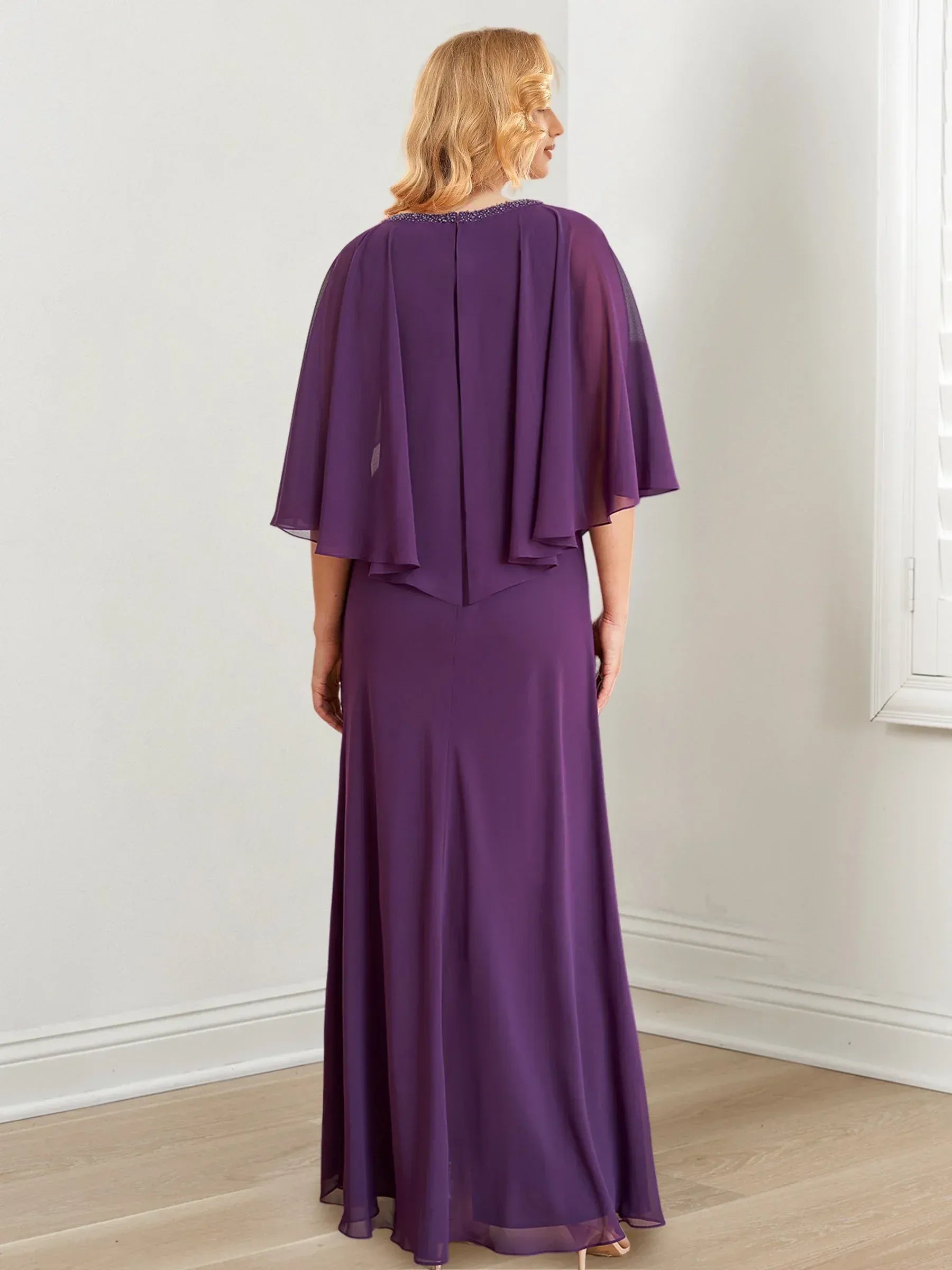 Sophisticated A-Line V-Neck Cape-Sleeved Beaded Plum Purple Maxi Mother of the Bride Dress for Women