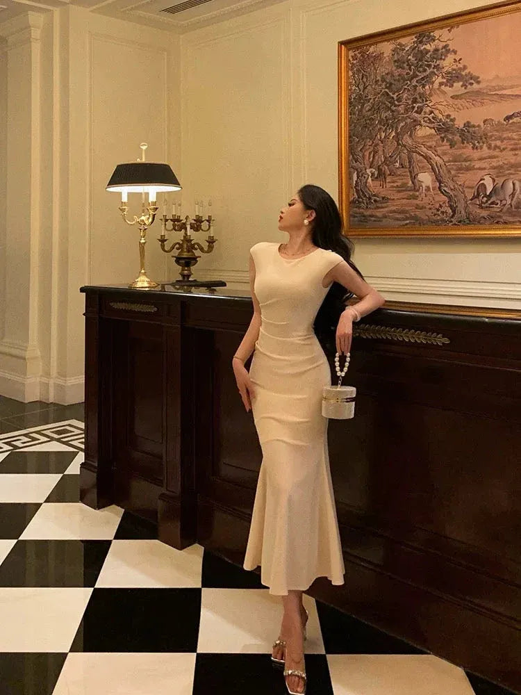 Sophisticated Mermaid Crew-Neck Short-Sleeve Ruched Ivory Midi Prom Dress for Women Custom