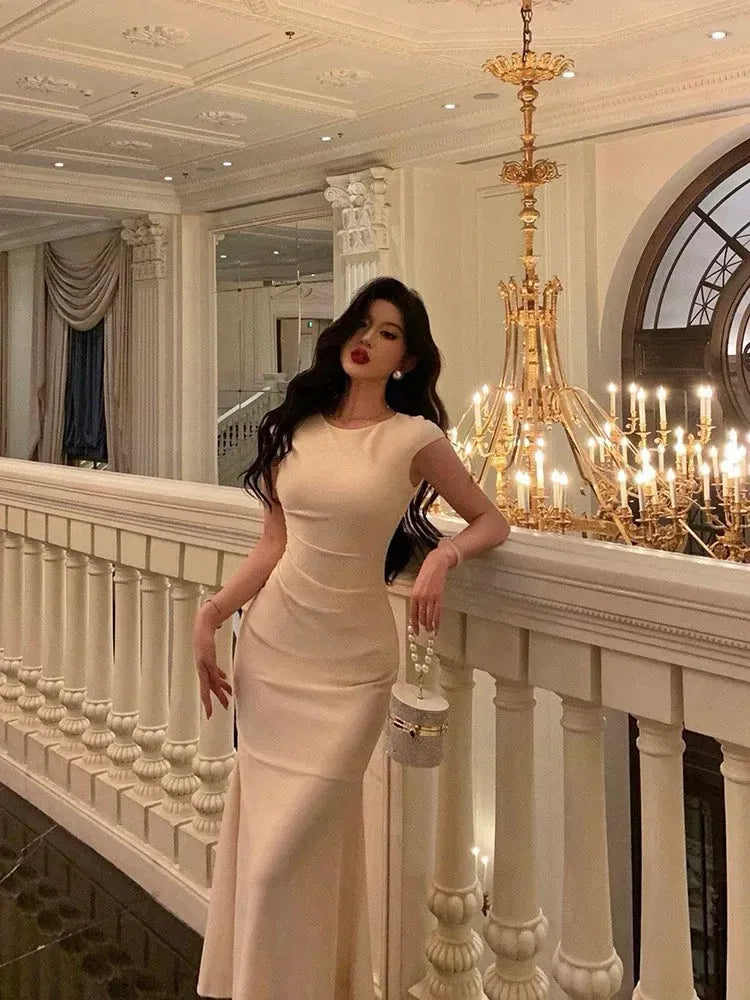 Sophisticated Mermaid Crew-Neck Short-Sleeve Ruched Ivory Midi Prom Dress for Women Custom