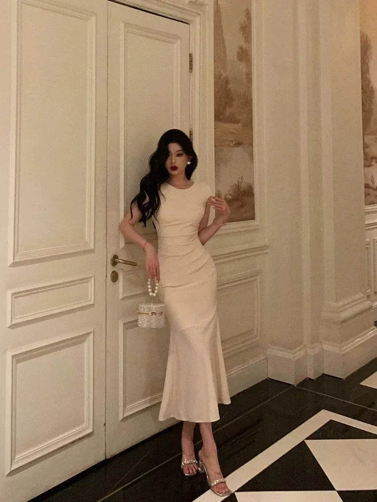 Sophisticated Mermaid Crew-Neck Short-Sleeve Ruched Ivory Midi Prom Dress for Women Custom